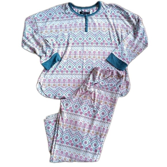 Ellen Tracy Two Piece Pajama Set Size XL Mixed Print Thermal Stretch Cozy - Picture 1 of 6